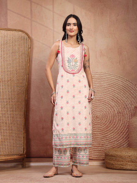 Elegant Peach Cotton Printed Straight Kurta Palazzo Set