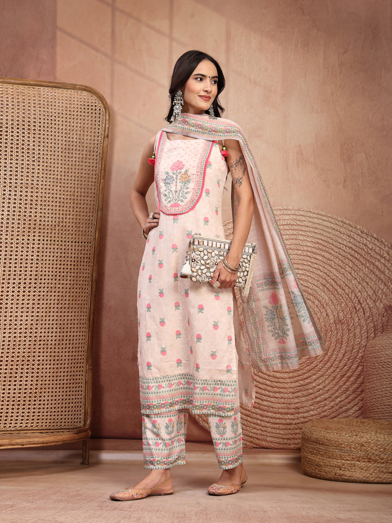 Elegant Peach Cotton Printed Straight Kurta Palazzo Set