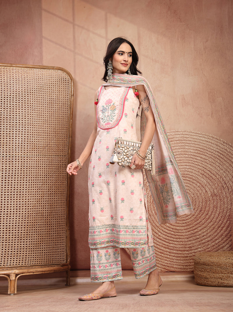 Elegant Peach Cotton Printed Straight Kurta Palazzo Set