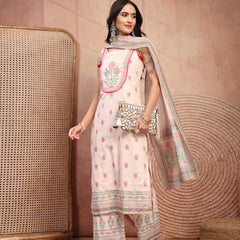 Elegant Peach Cotton Printed Straight Kurta Palazzo Set