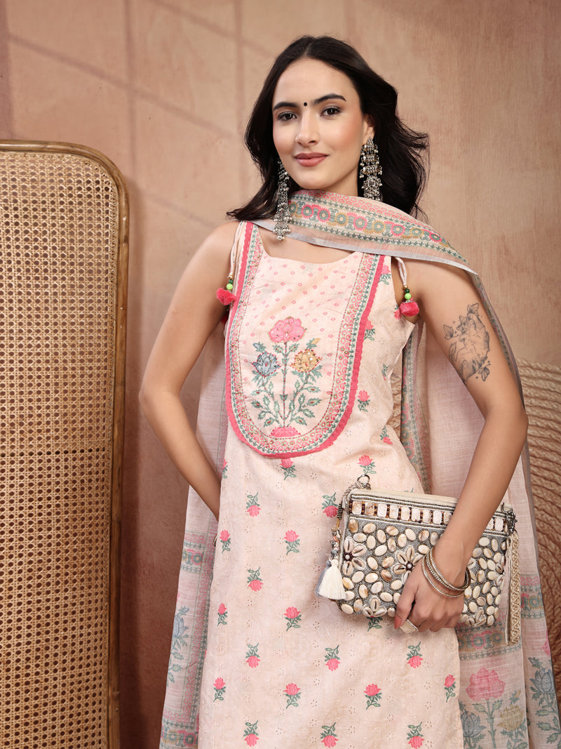Elegant Peach Cotton Printed Straight Kurta Palazzo Set