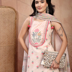 Elegant Peach Cotton Printed Straight Kurta Palazzo Set