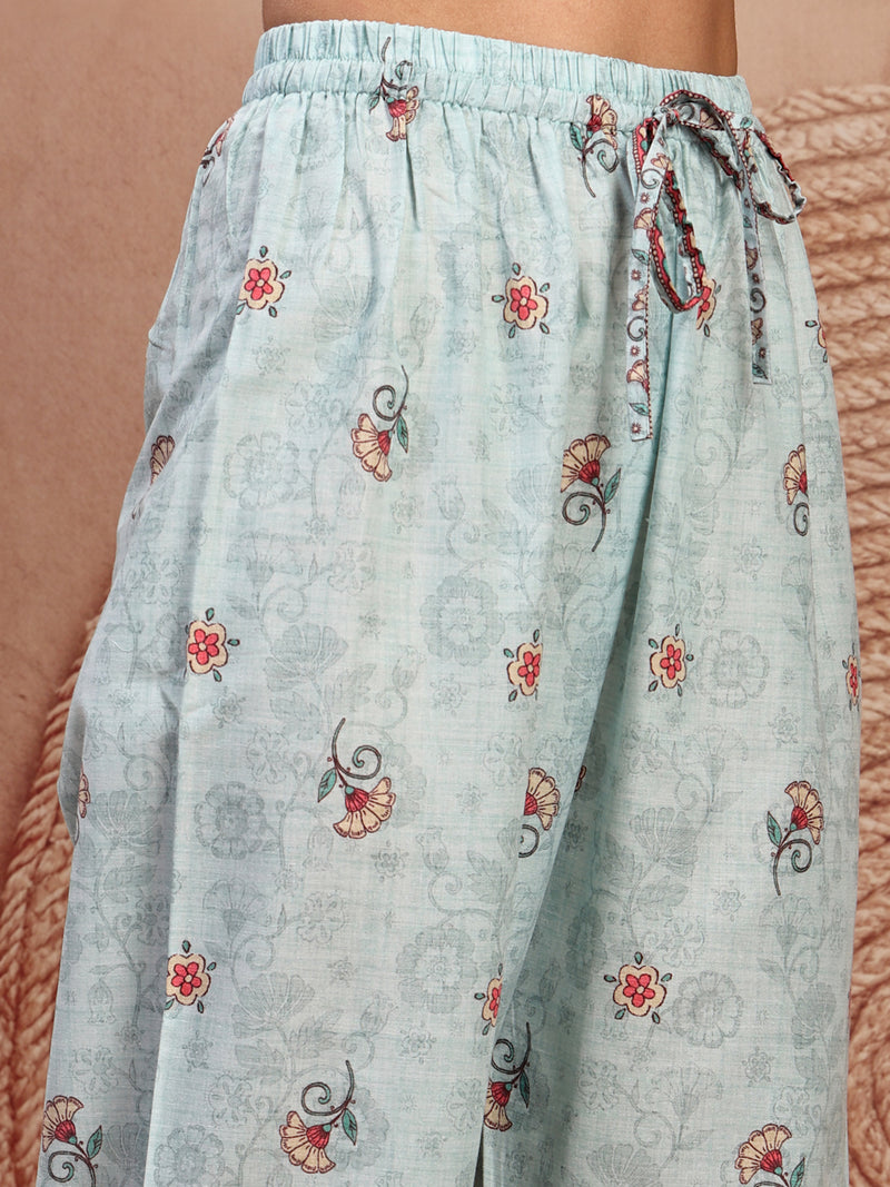 Elegant Green Cotton Printed Straight Kurta Palazzo Set