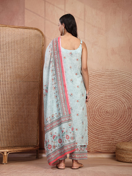 Elegant Green Cotton Printed Straight Kurta Palazzo Set