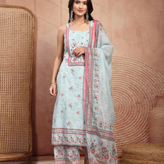 Elegant Green Cotton Printed Straight Kurta Palazzo Set
