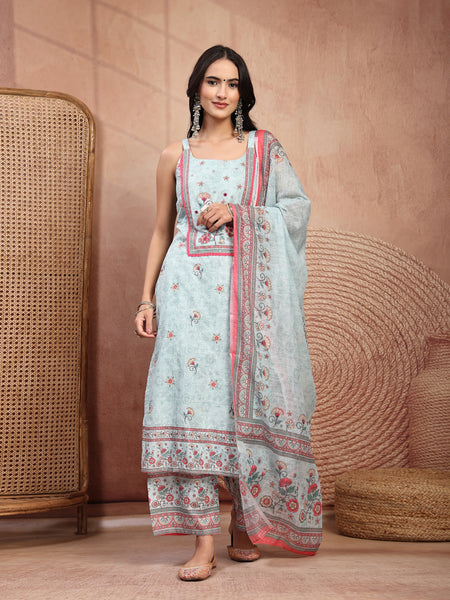 Elegant Green Cotton Printed Straight Kurta Palazzo Set
