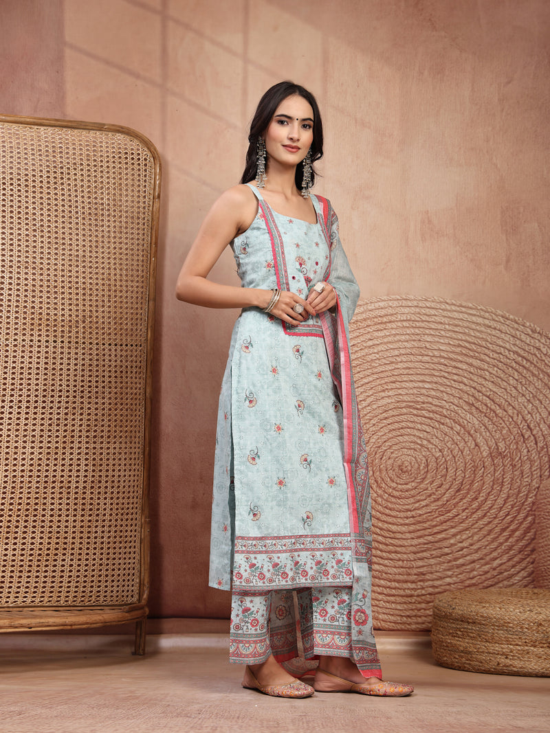 Elegant Green Cotton Printed Straight Kurta Palazzo Set