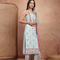 Elegant Green Cotton Printed Straight Kurta Palazzo Set