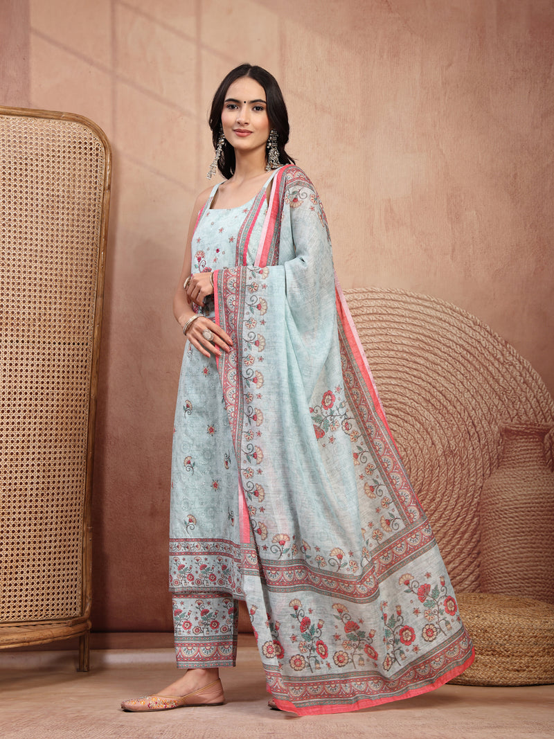 Elegant Green Cotton Printed Straight Kurta Palazzo Set