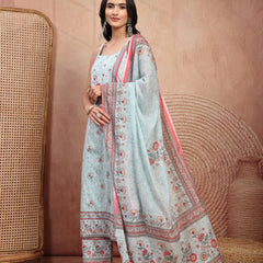 Elegant Green Cotton Printed Straight Kurta Palazzo Set
