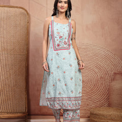Elegant Green Cotton Printed Straight Kurta Palazzo Set