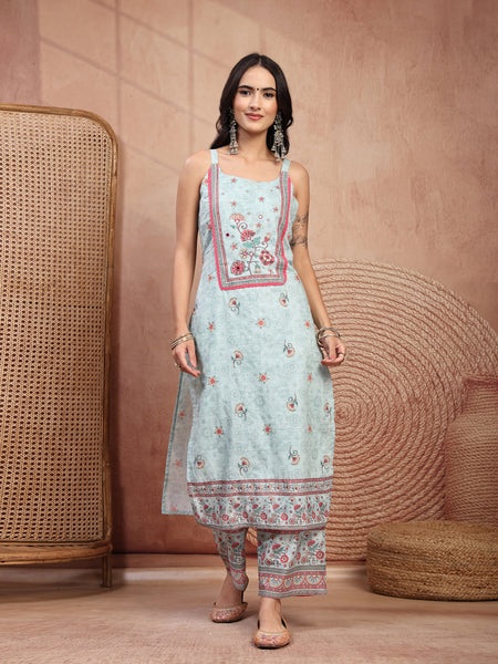 Elegant Green Cotton Printed Straight Kurta Palazzo Set