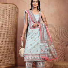 Elegant Green Cotton Printed Straight Kurta Palazzo Set