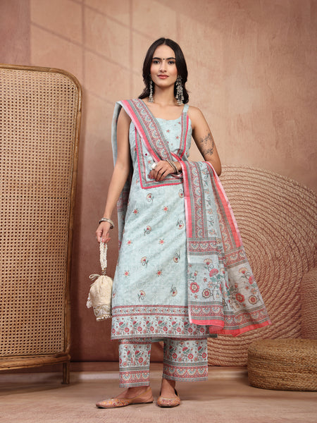 Elegant Green Cotton Printed Straight Kurta Palazzo Set