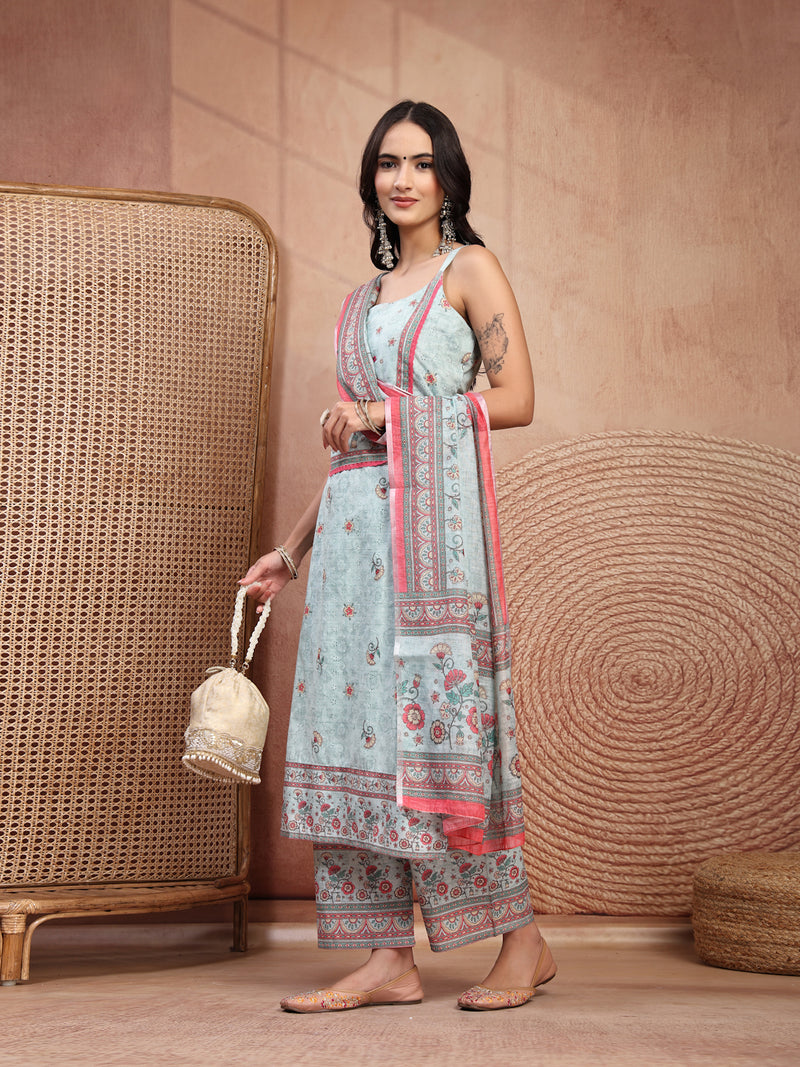 Elegant Green Cotton Printed Straight Kurta Palazzo Set