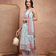 Elegant Green Cotton Printed Straight Kurta Palazzo Set