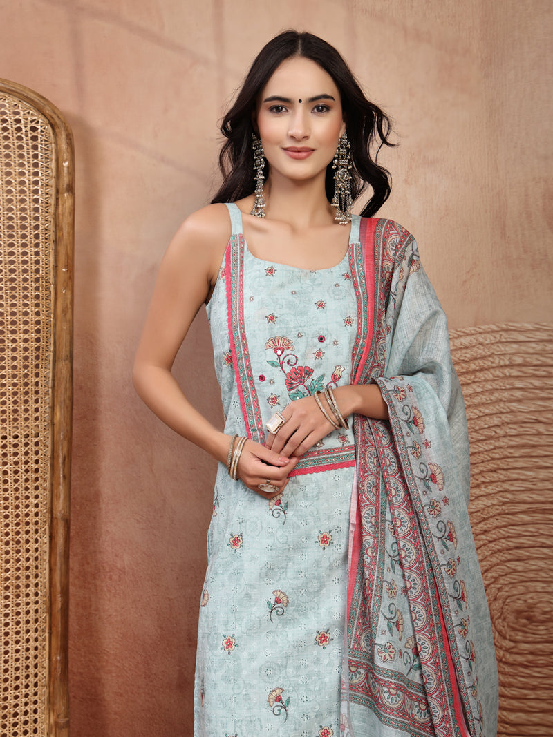 Elegant Green Cotton Printed Straight Kurta Palazzo Set