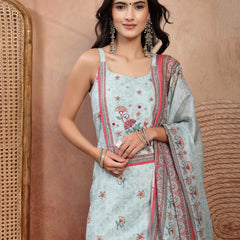 Elegant Green Cotton Printed Straight Kurta Palazzo Set