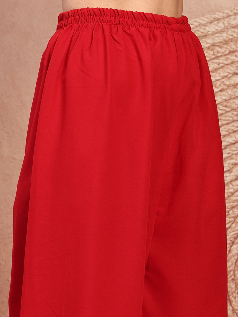Elegant Red Georgette Straight Kurta Palazzo Set with Embroidery
