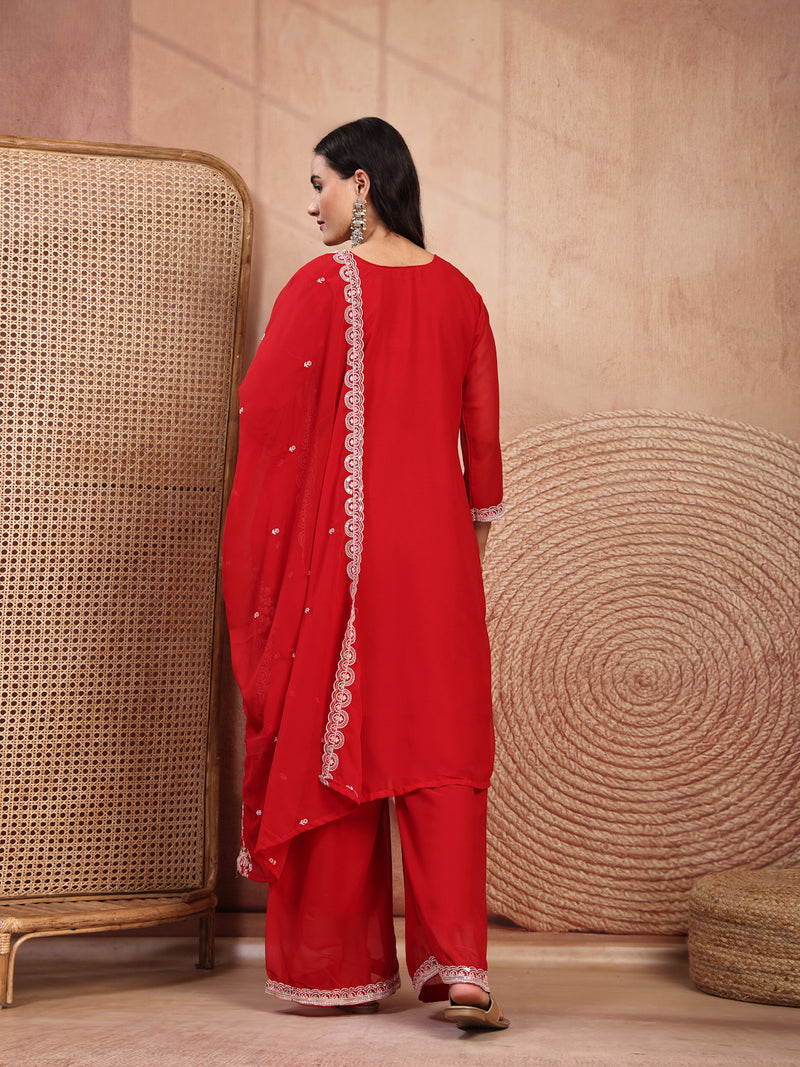 Elegant Red Georgette Straight Kurta Palazzo Set with Embroidery