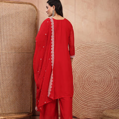 Elegant Red Georgette Straight Kurta Palazzo Set with Embroidery