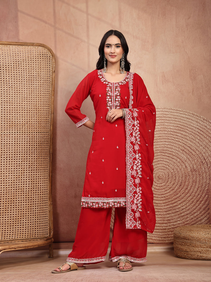 Elegant Red Georgette Straight Kurta Palazzo Set with Embroidery