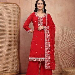 Elegant Red Georgette Straight Kurta Palazzo Set with Embroidery