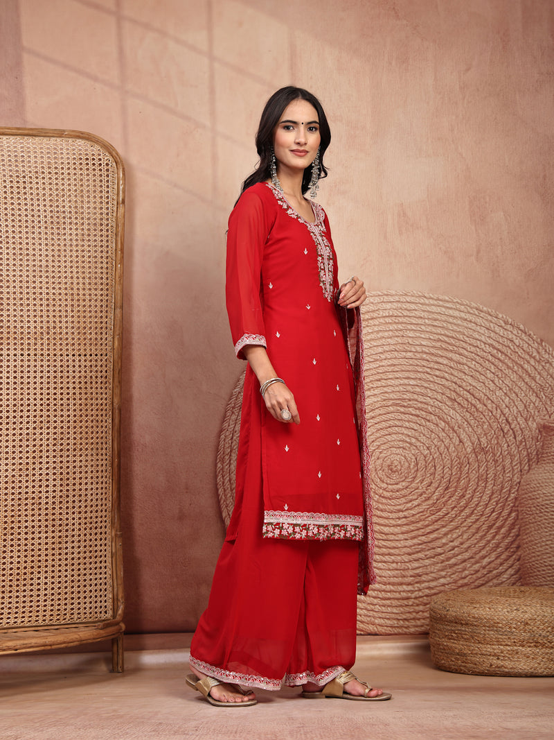 Elegant Red Georgette Straight Kurta Palazzo Set with Embroidery