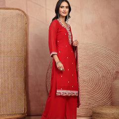 Elegant Red Georgette Straight Kurta Palazzo Set with Embroidery
