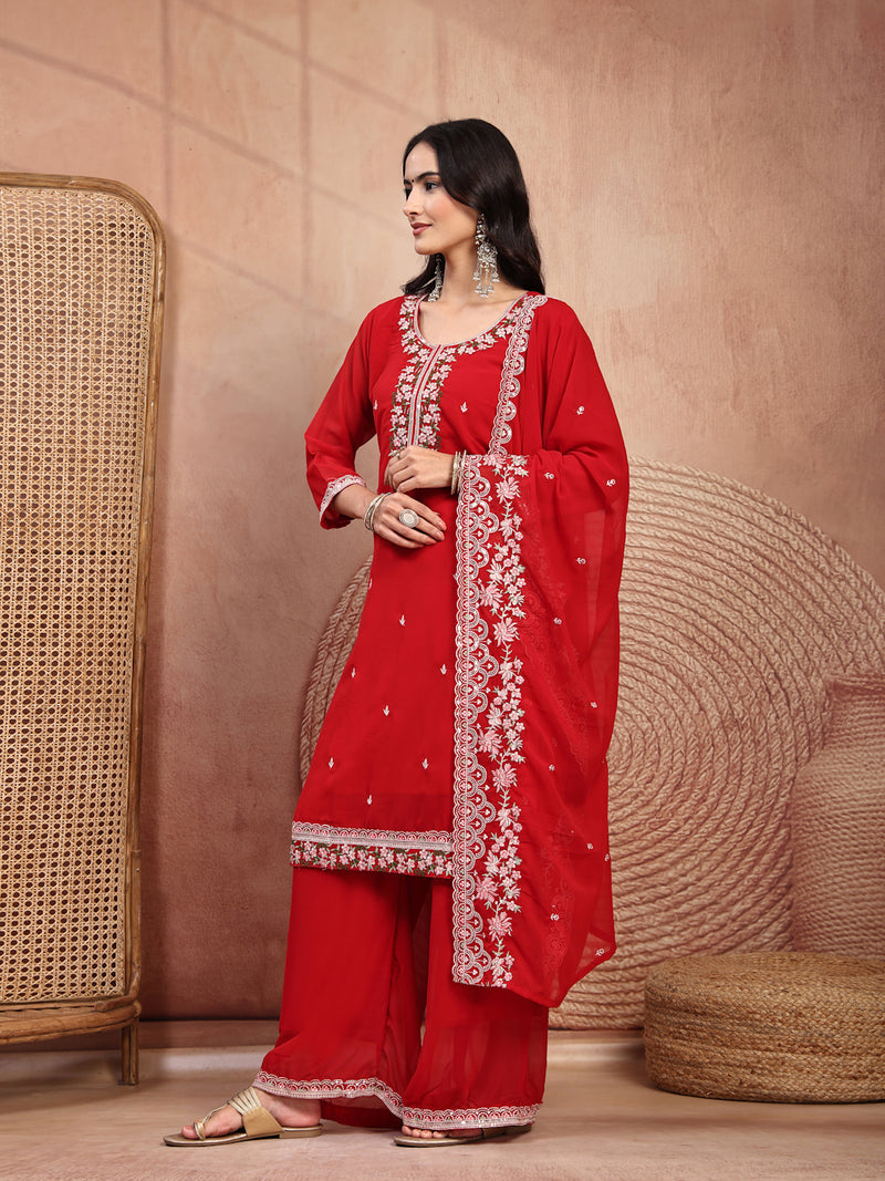 Elegant Red Georgette Straight Kurta Palazzo Set with Embroidery