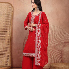 Elegant Red Georgette Straight Kurta Palazzo Set with Embroidery