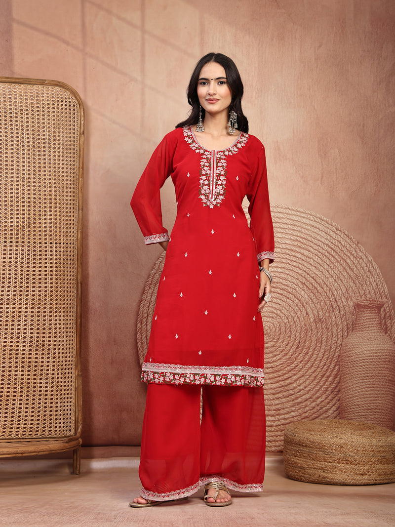 Elegant Red Georgette Straight Kurta Palazzo Set with Embroidery