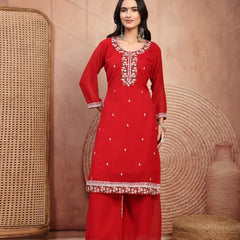 Elegant Red Georgette Straight Kurta Palazzo Set with Embroidery
