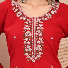 Elegant Red Georgette Straight Kurta Palazzo Set with Embroidery