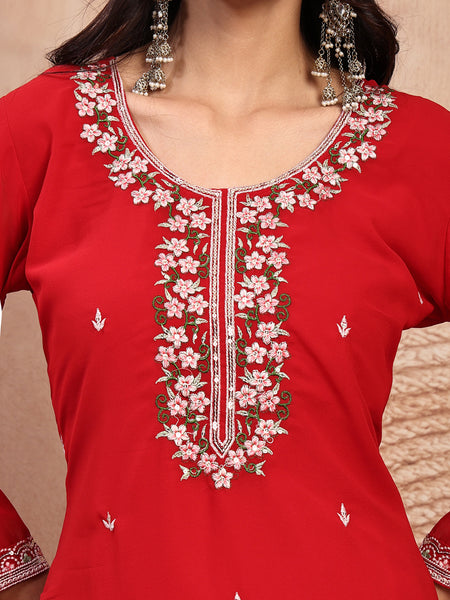 Elegant Red Georgette Straight Kurta Palazzo Set with Embroidery
