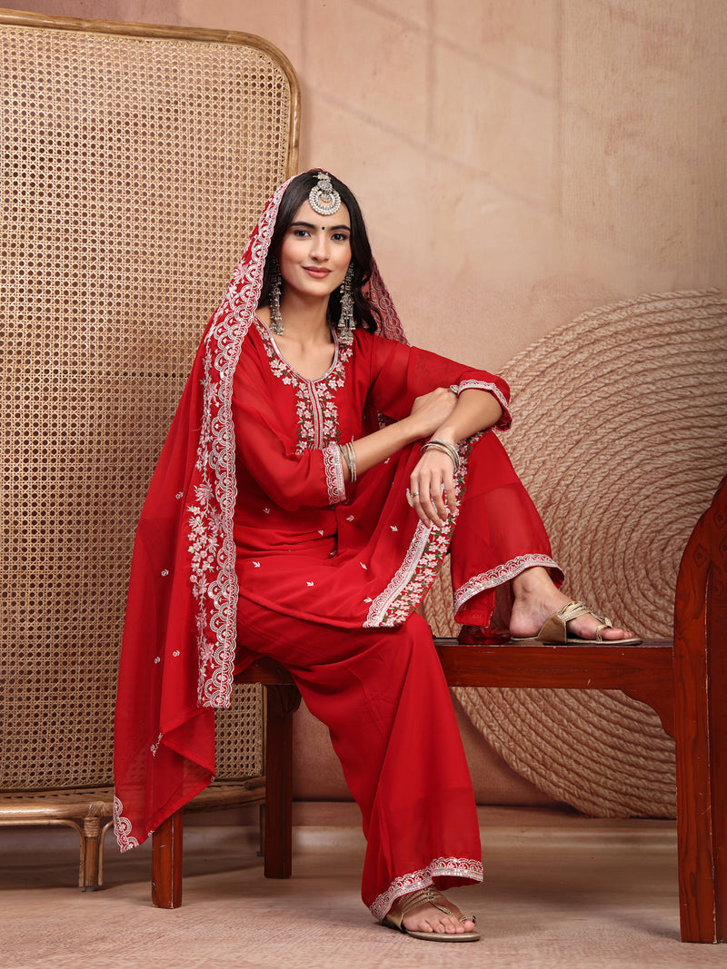 Elegant Red Georgette Straight Kurta Palazzo Set with Embroidery