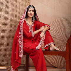 Elegant Red Georgette Straight Kurta Palazzo Set with Embroidery