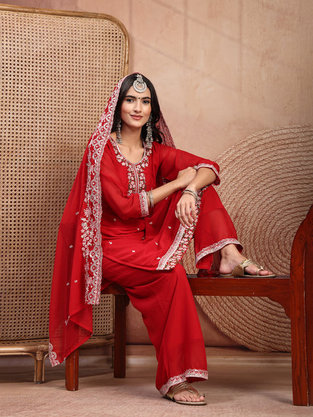 Elegant Red Georgette Straight Kurta Palazzo Set with Embroidery
