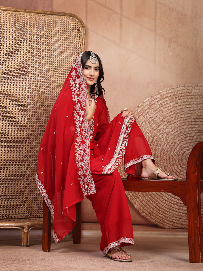 Elegant Red Georgette Straight Kurta Palazzo Set with Embroidery