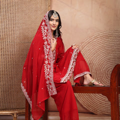 Elegant Red Georgette Straight Kurta Palazzo Set with Embroidery