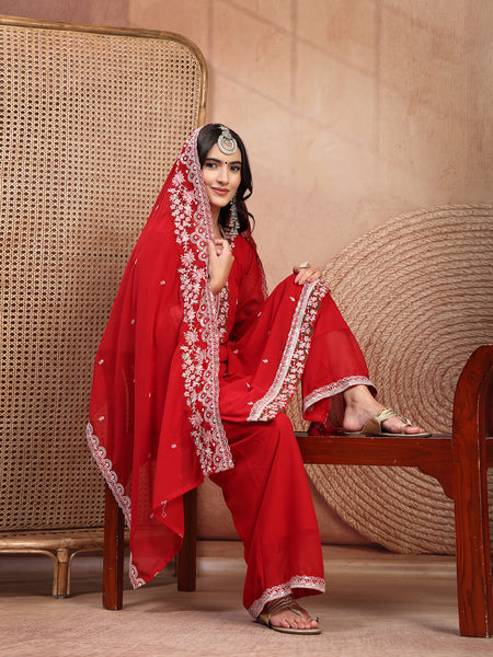 Elegant Red Georgette Straight Kurta Palazzo Set with Embroidery