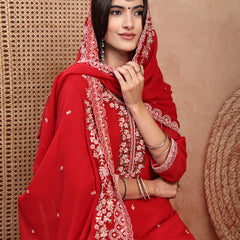 Elegant Red Georgette Straight Kurta Palazzo Set with Embroidery
