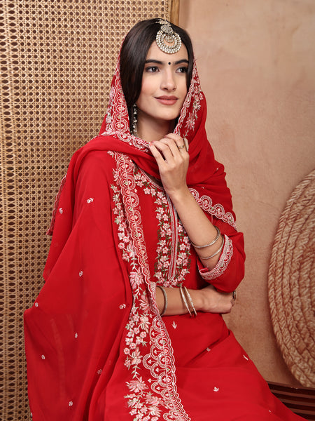 Elegant Red Georgette Straight Kurta Palazzo Set with Embroidery