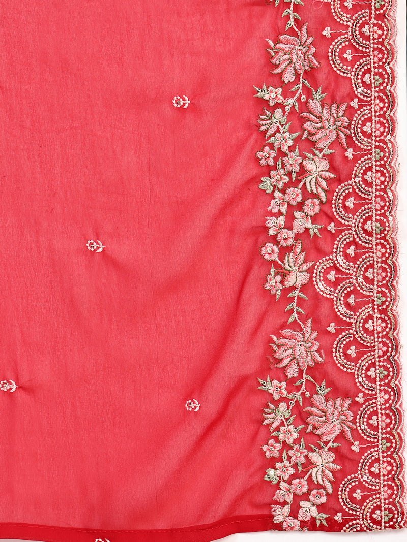 Elegant Red Georgette Straight Kurta Palazzo Set with Embroidery