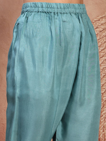 Elegant Green Cotton Printed Straight Kurta Trouser Set