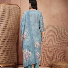 Elegant Green Cotton Printed Straight Kurta Trouser Set
