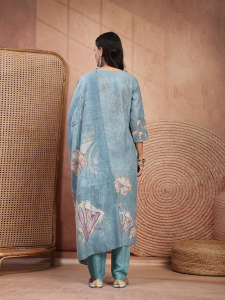 Elegant Green Cotton Printed Straight Kurta Trouser Set
