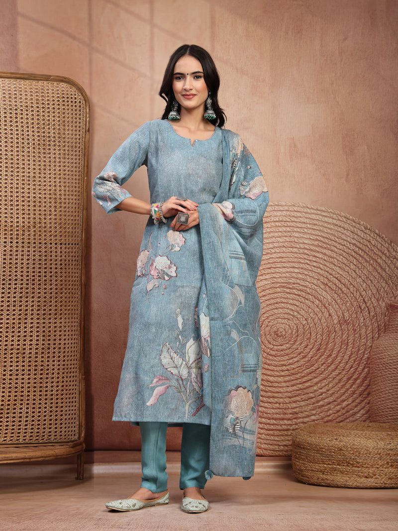 Elegant Green Cotton Printed Straight Kurta Trouser Set