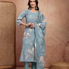 Elegant Green Cotton Printed Straight Kurta Trouser Set