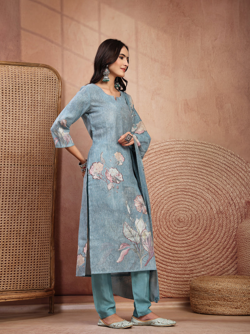 Elegant Green Cotton Printed Straight Kurta Trouser Set